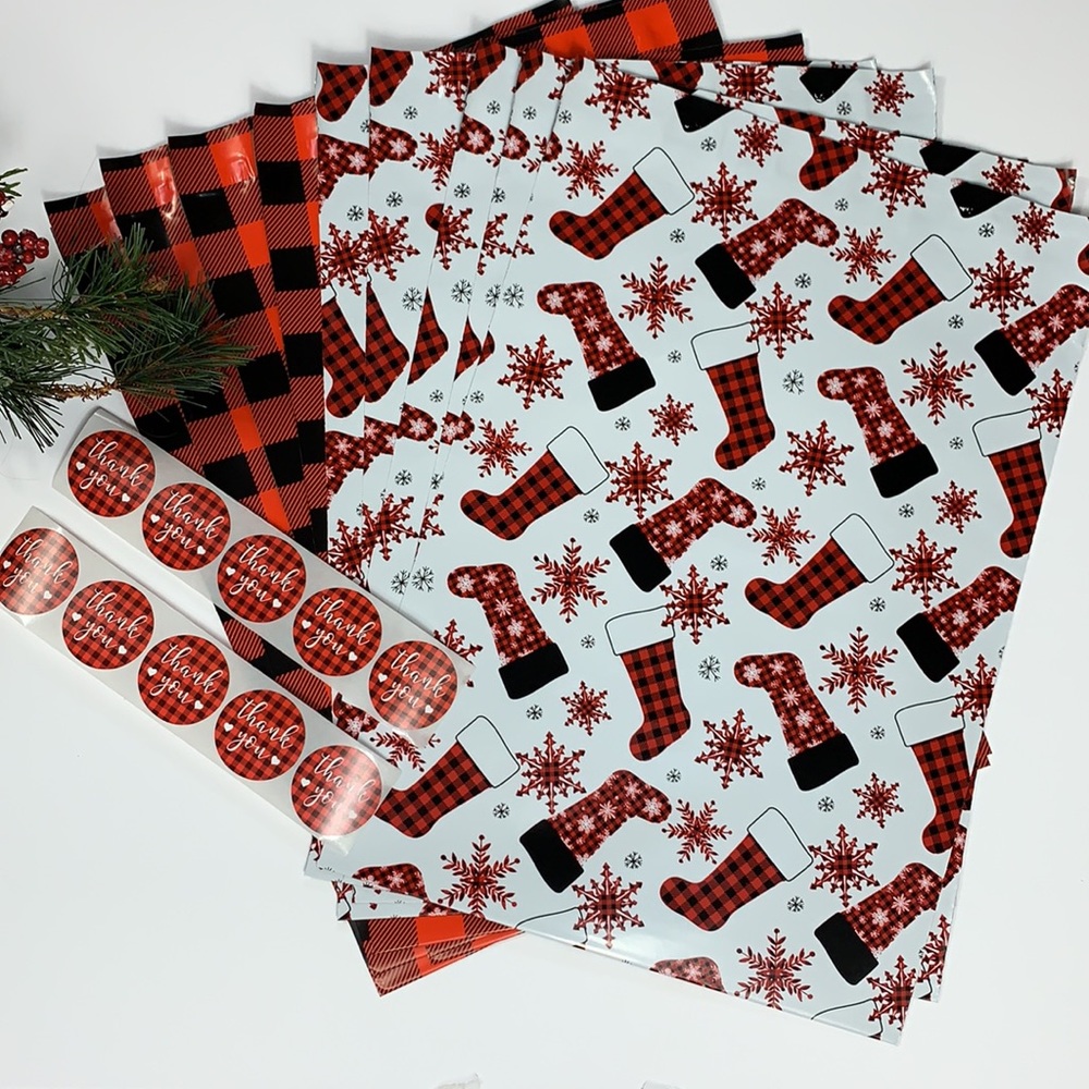 🆕 10 Red Buffalo Plaid Stocking Poly Mailers Shipping Bags New